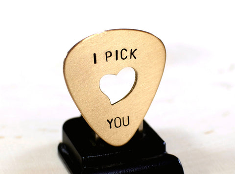 Bronze Guitar Pick I Pick You with Heart Cut Out