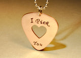 Copper I pick you guitar pick necklace handmade with heart window