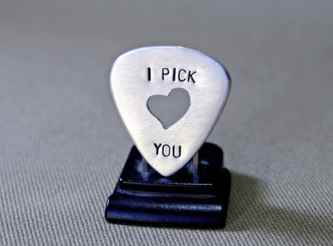 Sterling silver I Pick You guitar pick with hand sawed heart cut out