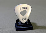 Sterling silver I Pick You guitar pick with hand sawed heart cut out