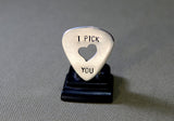 Sterling silver I Pick You guitar pick with hand sawed heart cut out