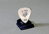 Sterling silver I Pick You guitar pick with hand sawed heart cut out