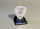 Sterling silver I Pick You guitar pick with hand sawed heart cut out