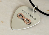 Silver Guitar Pick Necklace with Brazed Copper Infinity and I Pick You in Sterling Silver