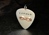Silver Guitar Pick Necklace with Brazed Copper Infinity and I Pick You in Sterling Silver