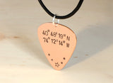 Latitude Longitude Guitar Pick Necklace in Copper with Personalized Coordinates