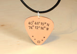 Latitude Longitude Guitar Pick Necklace in Copper with Personalized Coordinates