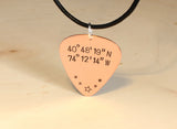 Latitude Longitude Guitar Pick Necklace in Copper with Personalized Coordinates
