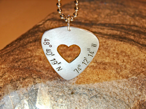 Latitude longitude guitar pick necklace with heart in sterling silver