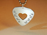 Latitude longitude guitar pick necklace with heart in sterling silver