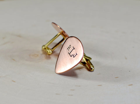 Copper monogrammed handmade guitar pick cuff links