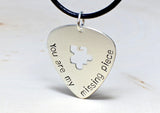 You are my missing piece sterling silver guitar pick necklace with a puzzle cut out