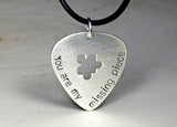 You are my missing piece sterling silver guitar pick necklace with a puzzle cut out
