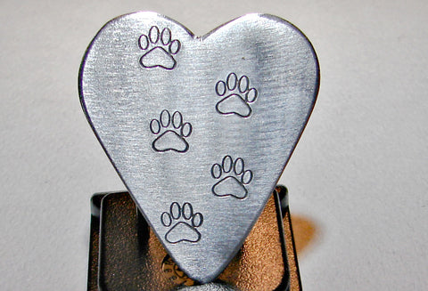 Guitar Pick Handmade from Aluminum in Heart Shape with Paw Stamps