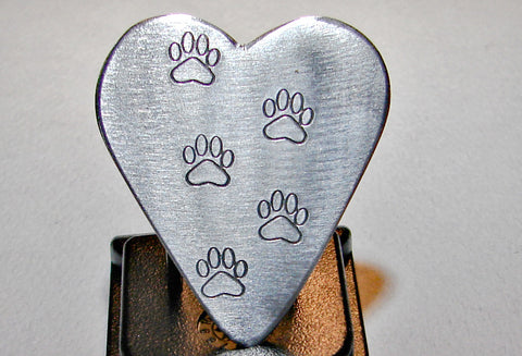Guitar Pick Handmade from Aluminum in Heart Shape with Paw Stamps