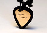 Guitar Pick Holder Necklace with Custom Brass Guitar Pick Rocking Out Wanna Pluck 