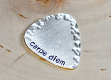 Carpe diem handmade sterling silver guitar pick with hammered border
