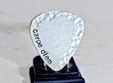 Carpe diem handmade sterling silver guitar pick with hammered border