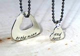 Couples sterling silver guitar pick necklace with heart for love to the moon and back