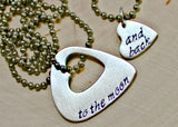Couples sterling silver guitar pick necklace with heart for love to the moon and back