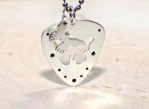 Sterling silver guitar pick necklace with butterfly cut out and charm