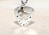 Sterling silver guitar pick necklace with butterfly cut out and charm