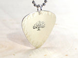 Sterling Silver Artistic Guitar Pick Necklace with a Big Tree and Hammered Borders
