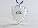 Sterling Silver Artistic Guitar Pick Necklace with a Big Tree and Hammered Borders