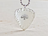 Sterling Silver Artistic Guitar Pick Necklace with a Big Tree and Hammered Borders