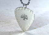 Sterling Silver Artistic Guitar Pick Necklace with a Big Tree and Hammered Borders