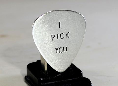 Sterling silver guitar pick with I pick you