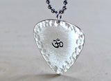Sterling silver Om guitar pick pendant with hammered borders