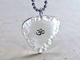 Sterling silver Om guitar pick pendant with hammered borders