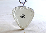 Sterling silver Om guitar pick pendant with hammered borders