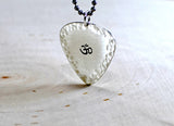 Sterling silver Om guitar pick pendant with hammered borders