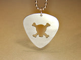 Skull and crossbone sterling silver guitar pick necklace