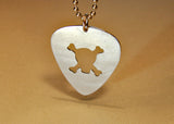 Skull and crossbone sterling silver guitar pick necklace