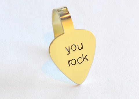  Pick Handstamped with You Rock in Brass – Custom Thumb and Finger Style Guitar Picks