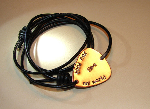 You rock my world copper guitar pick leather wrap bracelet