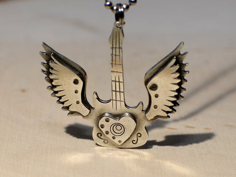 Winged sterling silver guitar necklace for the love of music